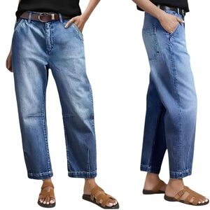 Flamingals Blue Mid Rise Straight Leg Cropped Barrel Jeans Medium Stitch Detail